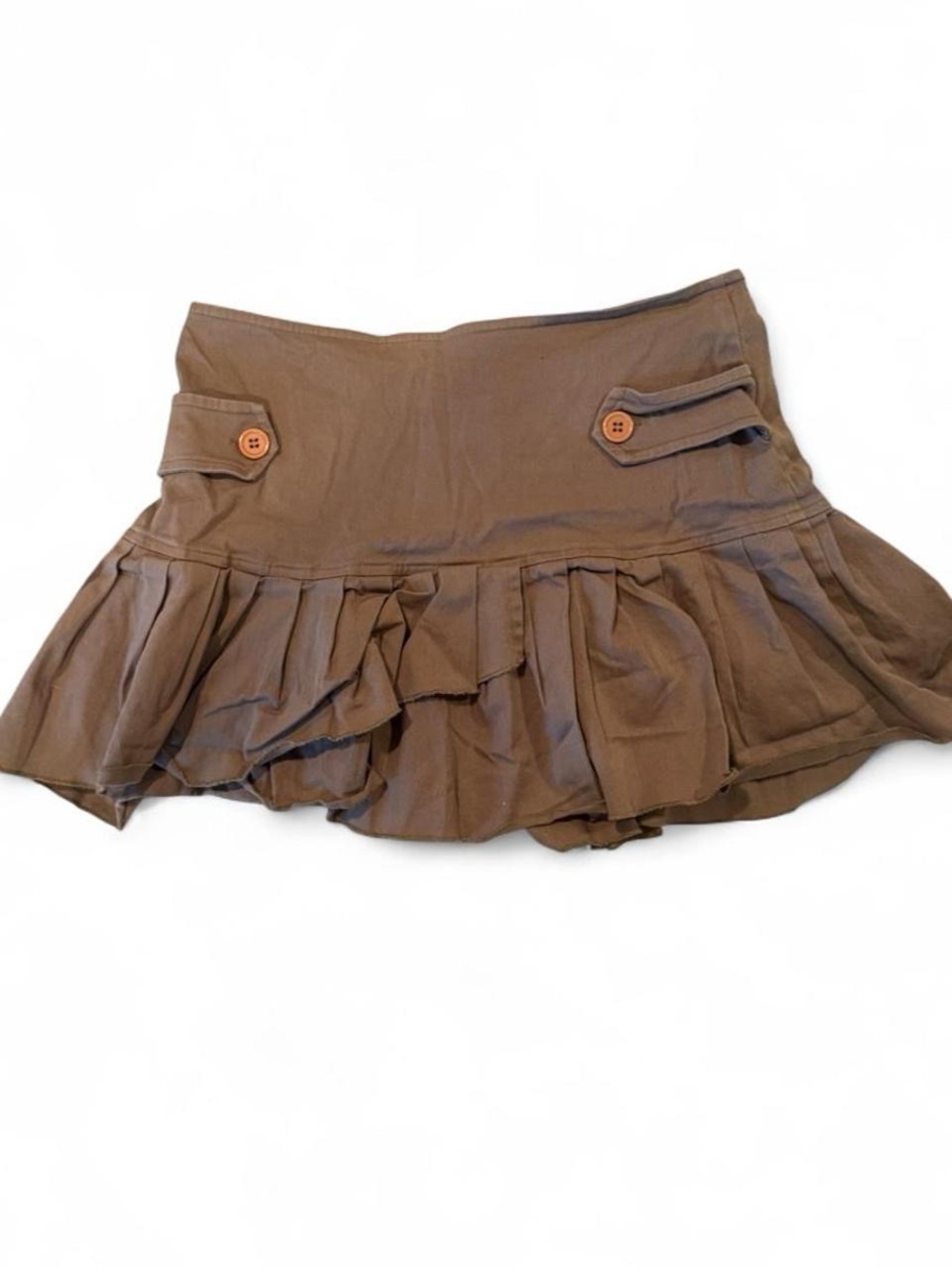 Brown Ruffle Mini Skirt with Button Tab Detail